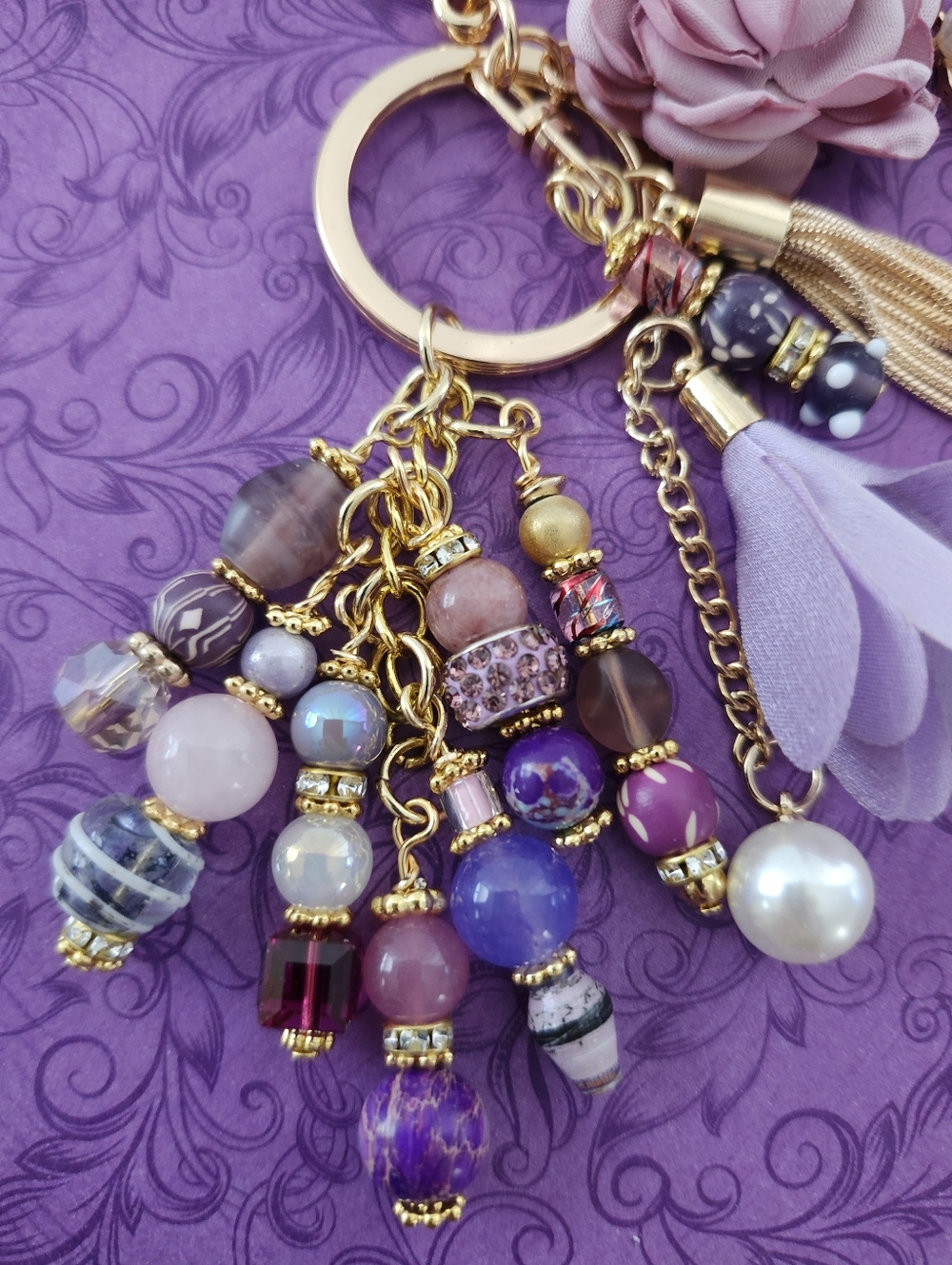 Floral Purse Charm or Keychain Quartz Stone Glass Paper Handcrafted - Picture 4 of 5